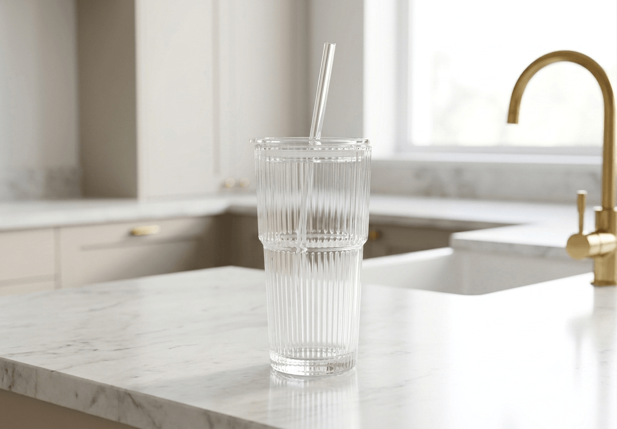 Tall Glass With Lid and Straw